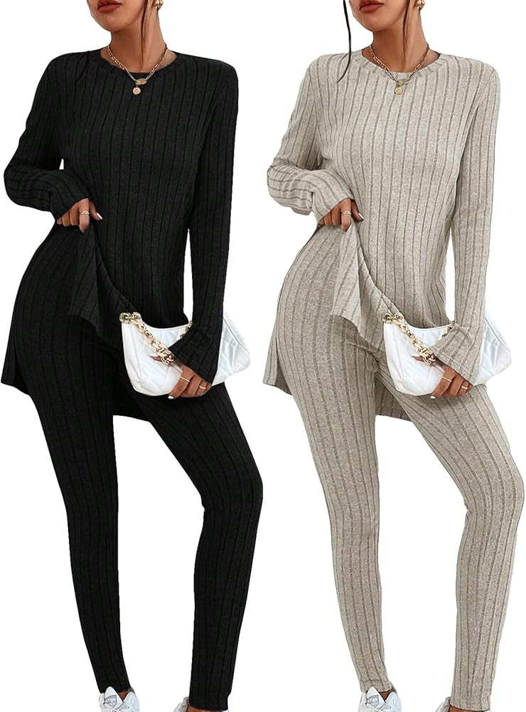 BEAUDRM Women's 4 Piece Casual Long Sleeve Round Neck Split Hem Tee Top and Ribbed Knit Leggings ... | Amazon (US)