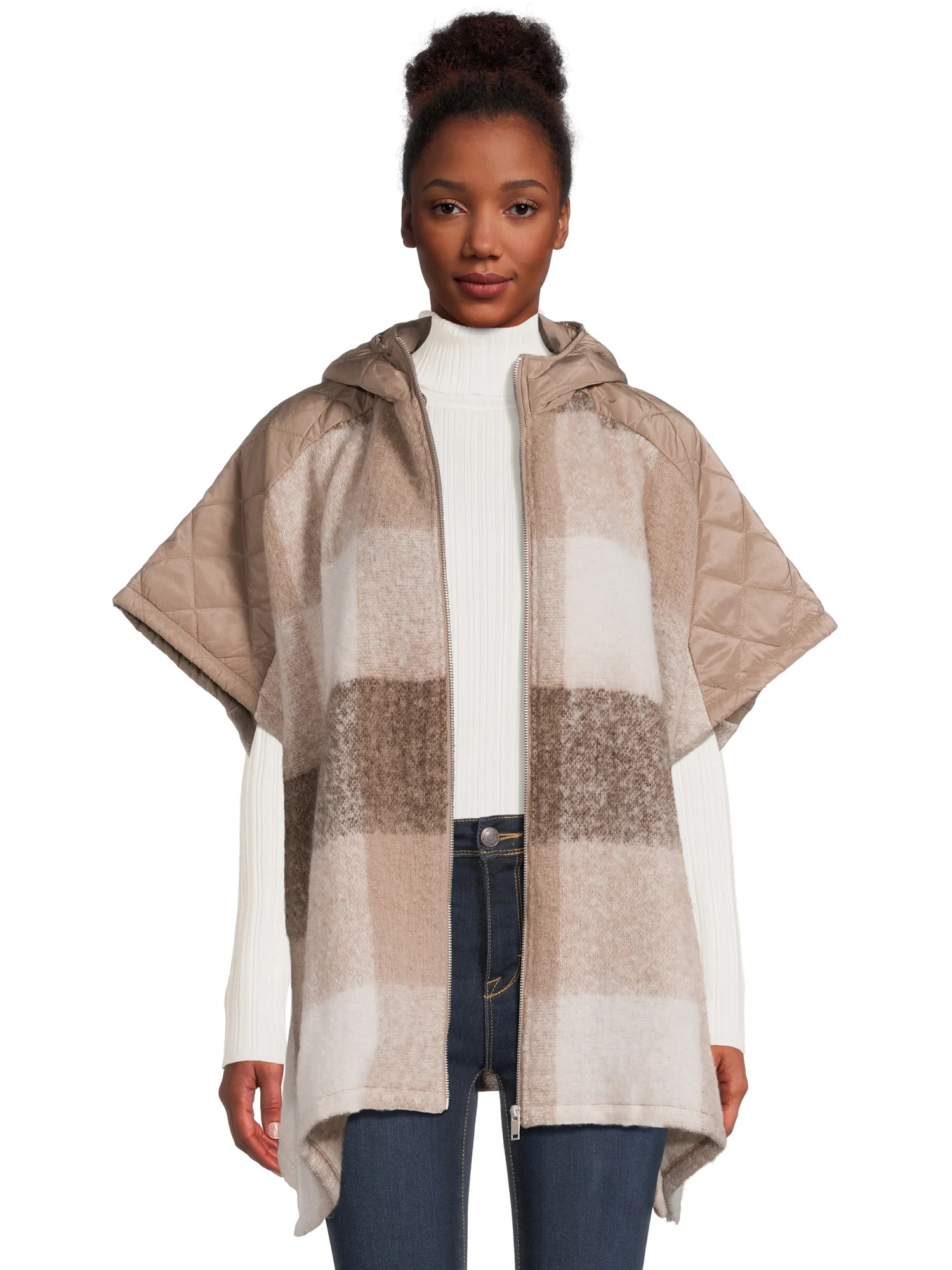Time and Tru Women’s Plaid Zip Poncho with Hood, Sizes S/M-L-XL - Walmart.com | Walmart (US)