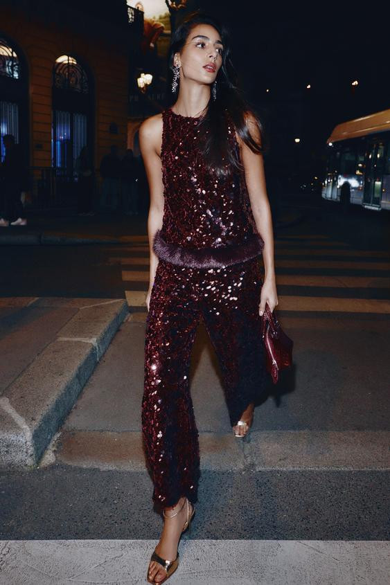 SEQUIN TOP WITH FAUX FUR HEM | Zara US