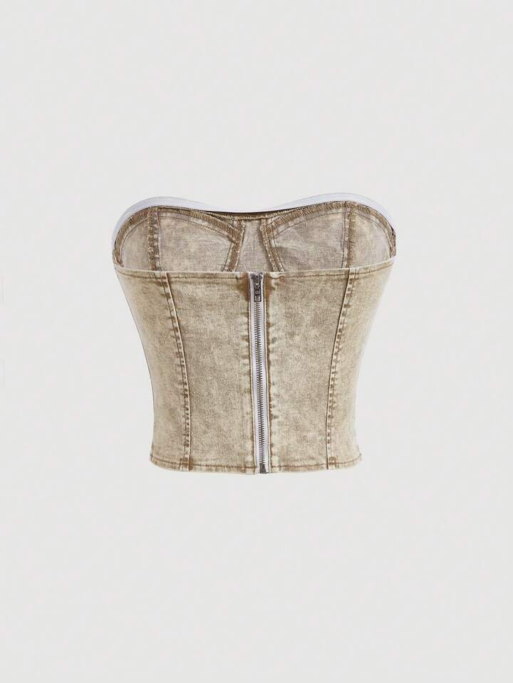 SHEIN MOD Distressed Solid Breast Cup Division Bustier Tube Denim Corset Top | SHEIN USA | SHEIN