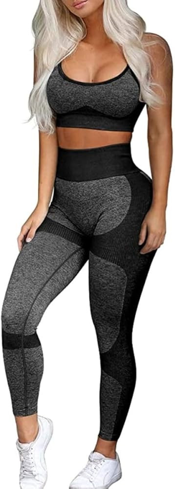 OLCHEE Women\u2019s Workout Sets 2 Piece - Seamless Yoga Leggings and Cross-Strap Sports Bra Gym ... | Amazon (US)