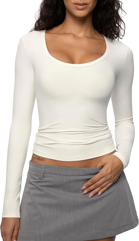 Enerful Women's 2/3 Pack Long Sleeve Shirts Scoop Neck Slim Fitted Tight Basic Casual Going Out S... | Amazon (US)