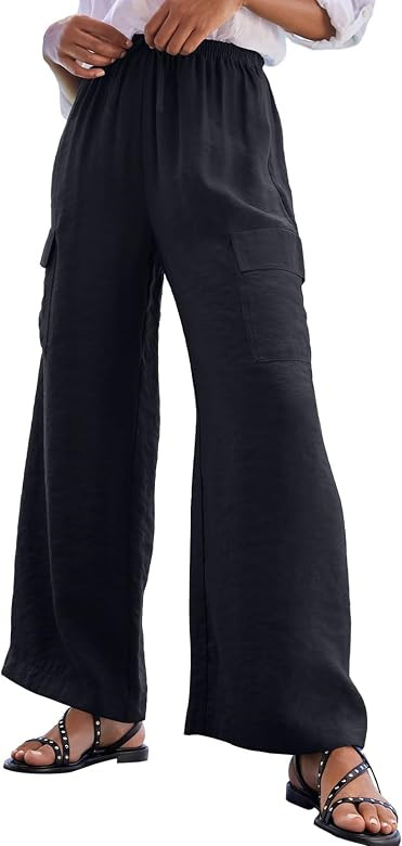 EVALESS Women's Casual Wide Leg Palazzo Pants, High Waist Flowy Beach Trousers, Summer Travel Vac... | Amazon (US)