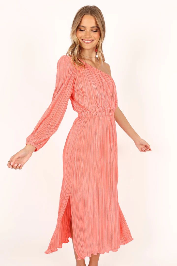 Pontee One Shoulder Pleated Midi Dress - Coral Wedding Guest Dress Summer Fashion 2023 #LTKU  | Petal & Pup (US)