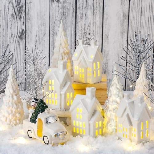 DoubleFill 17 Pcs Ceramic Christmas Village Sets Winter Village Houses Ceramic Christmas Tree Porcelain Plastic Vintage Truck Snow Covered Branch Trees for Xmas Party Table Decorations | Amazon (US)
