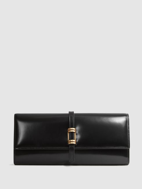 Reiss Black Regent High-Shine Leather Clutch Bag | Reiss UK