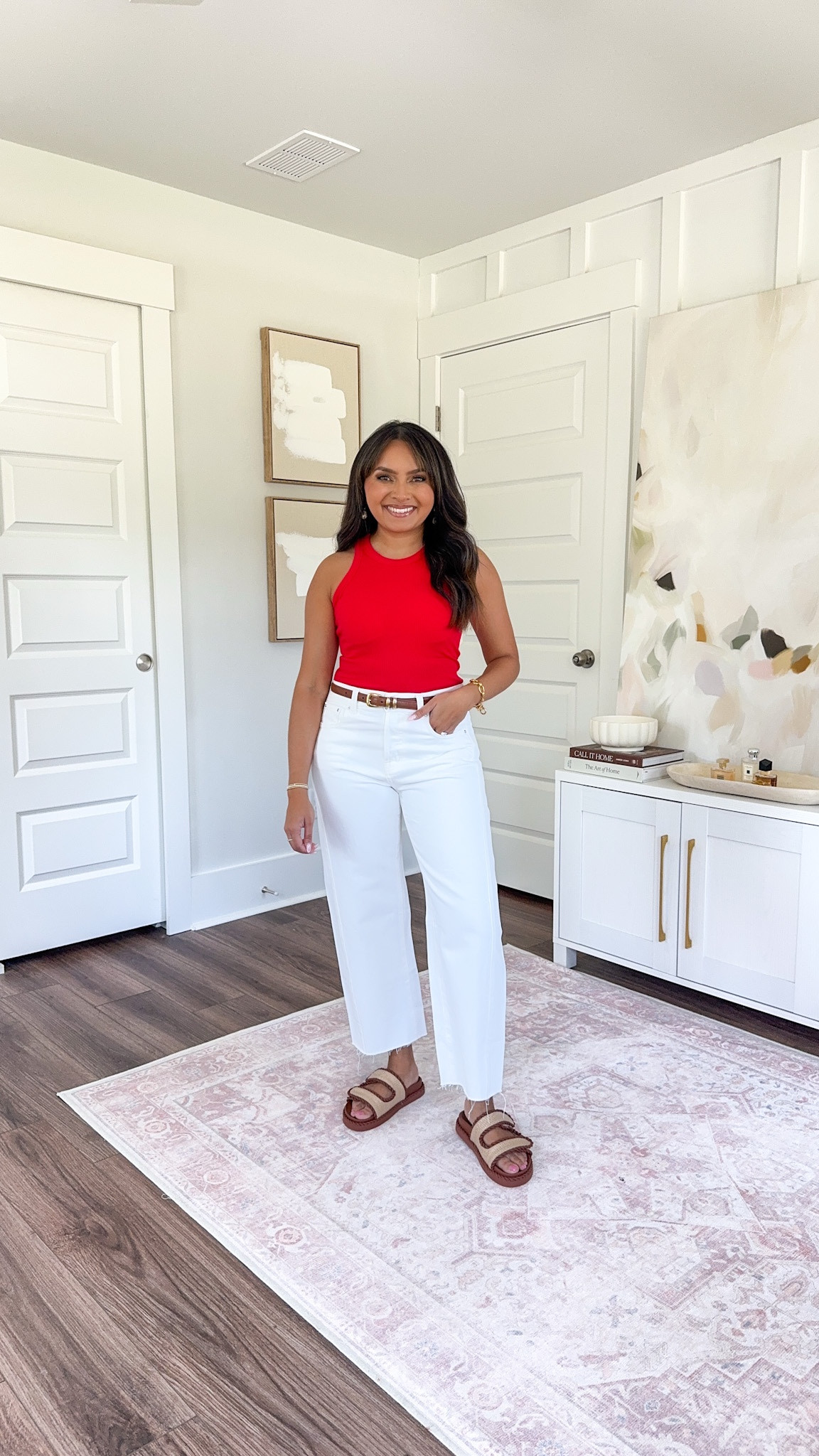 Red tank size xs TTS 
White barrel jeans size 26 petite TTS 
Brown sandals size 5 TTS Brown belt size small TTS

#LTKxMadewell #LTKSaleAlert #LTKPetite