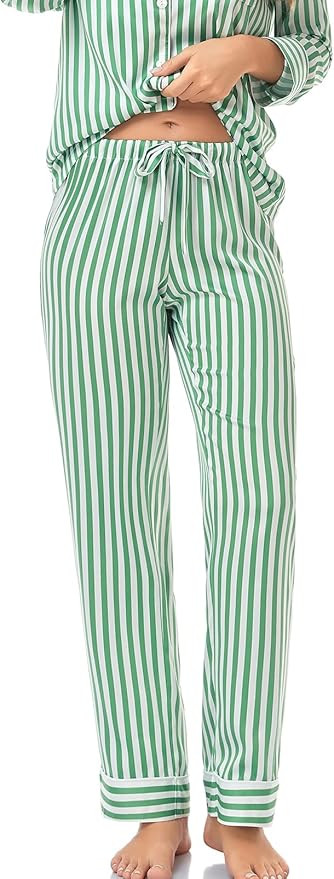 Women's Satin Pajama Set Long Sleeve Button Down Sleepwear 2-Piece Striped Silky Pj Set | Amazon (US)