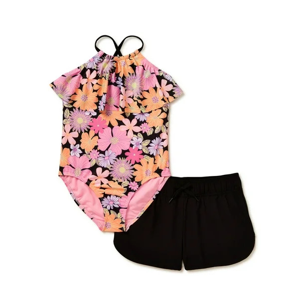 Wonder Nation Girls One-Piece Swimsuit and Short Set, UPF 50+, 2 Pieces, Sizes 4-18 & Plus | Walmart (US)