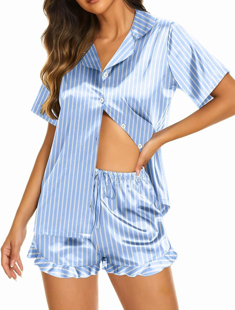 Ekouaer Womens Satin Pajamas Set Button Down 2 Piece Silk Pjs Shorts Set Ruffle Lingerie Notch Co... | Amazon (US)