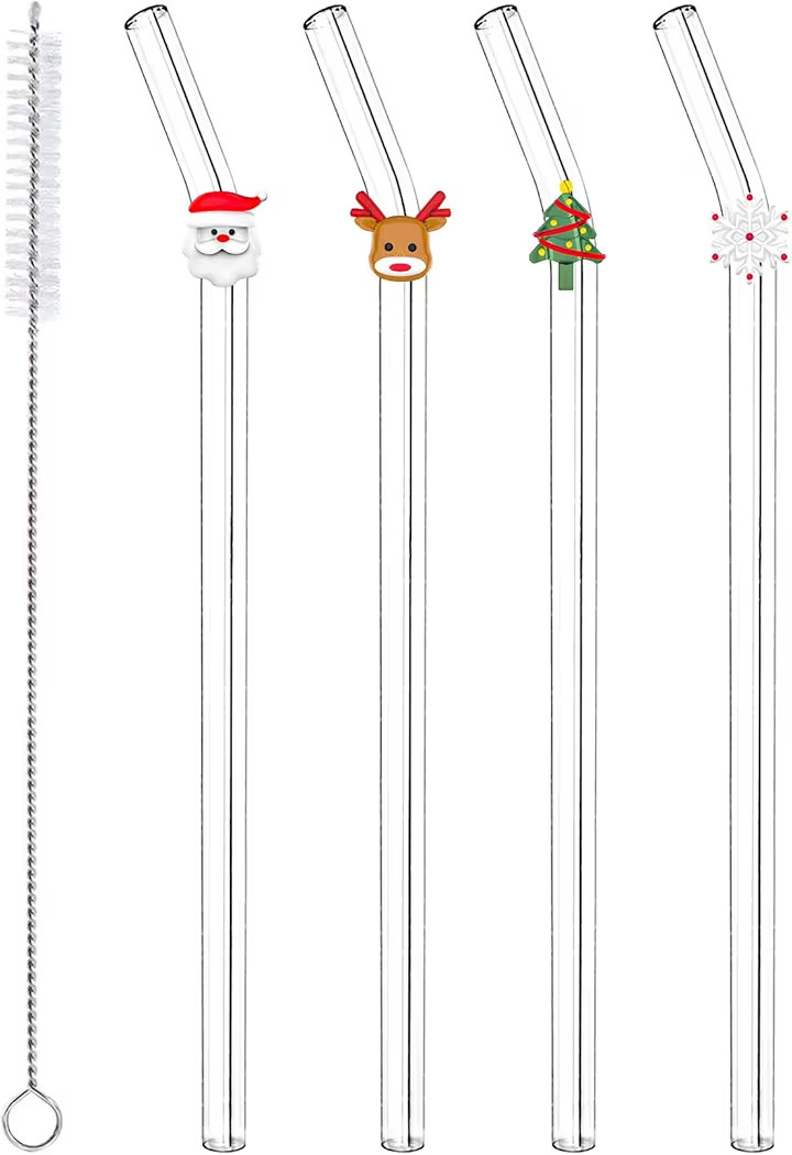 4 Pcs Christmas Cute Glass Straws with Charms, Colorful Clear Christmas Reusable Glass Straws Sha... | Amazon (US)