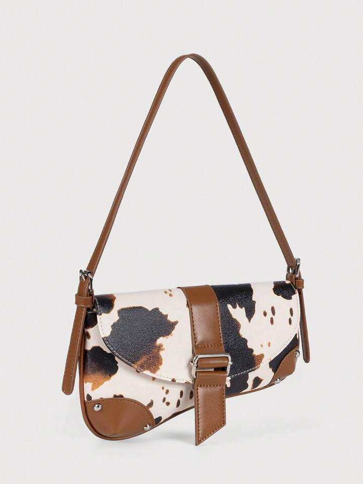 Animal Print Underarm Bag, Cow Print Studded Motorcycle Style Shoulder Bag, Cow Dot Print Women's... | SHEIN