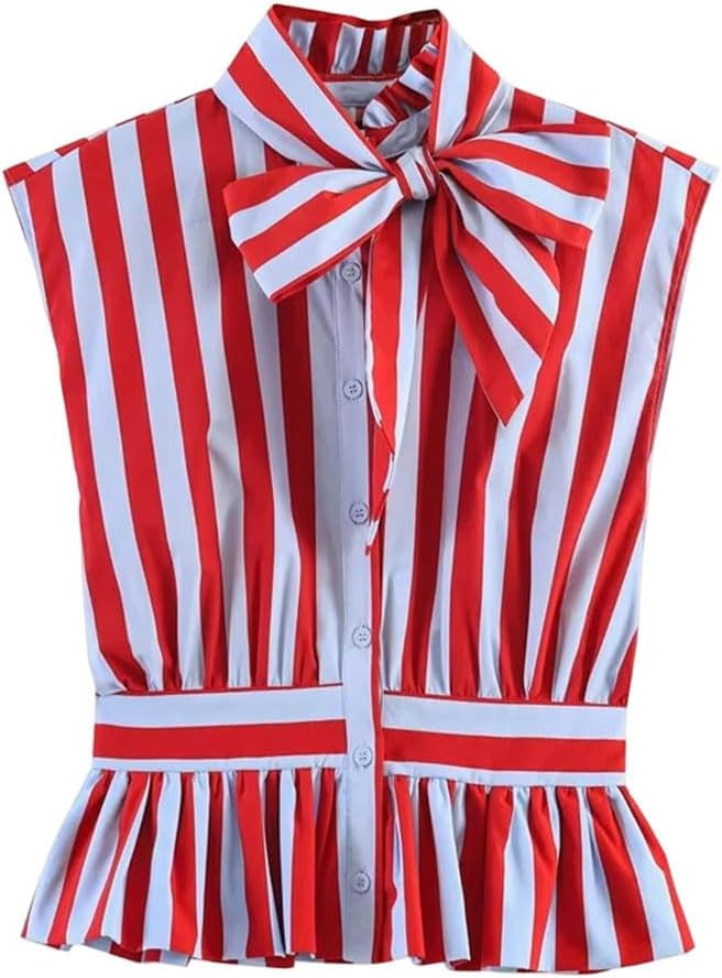Women Bowknot Sleeveless Striped Shirt Casual Chic Personality Daily Wear Blouse | Amazon (US)