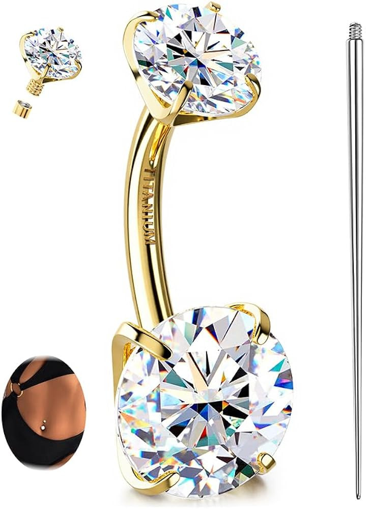 GEMQUEEN Moissanite ＆ G23 TItanium Belly Button Ring 18K Gold Plated Hypoallergenic Internally Threaded Belly Rings 14G Navel Piercing Jewelry For Women Men D Color VVS1 Clarity Brilliant Cut | Amazon (US)