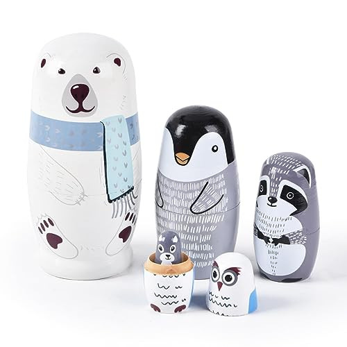 Tngan Nesting Dolls, 5Pcs 6" Tall Russian Nesting Dolls, Handmade Matryoshka for Kids, Wooden Stacking Toys for Christmas Home Wedding Party Decorations (Polar Bear) | Amazon (US)