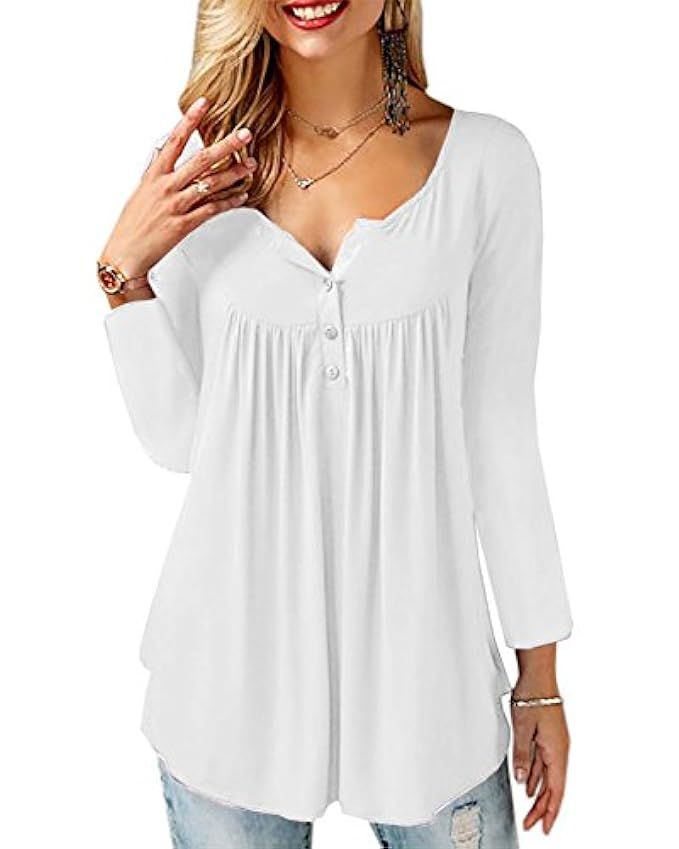 Imily Bela Womens Fit Flare Button up Blouse Shirts Pleated Ruffle Front Tunic Top | Amazon (US)