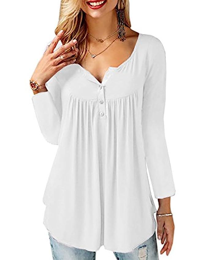 Imily Bela Womens Fit Flare Button up Blouse Shirts Pleated Ruffle Front Tunic Top | Amazon (US)