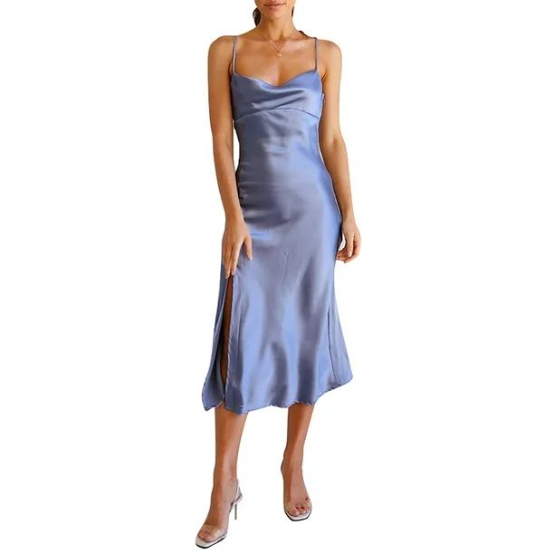 Womens Satin Silk Maxi Dress for Wedding Guest Cowl Neck Side Split Cocktail Formal Dresses - Wal... | Walmart (US)