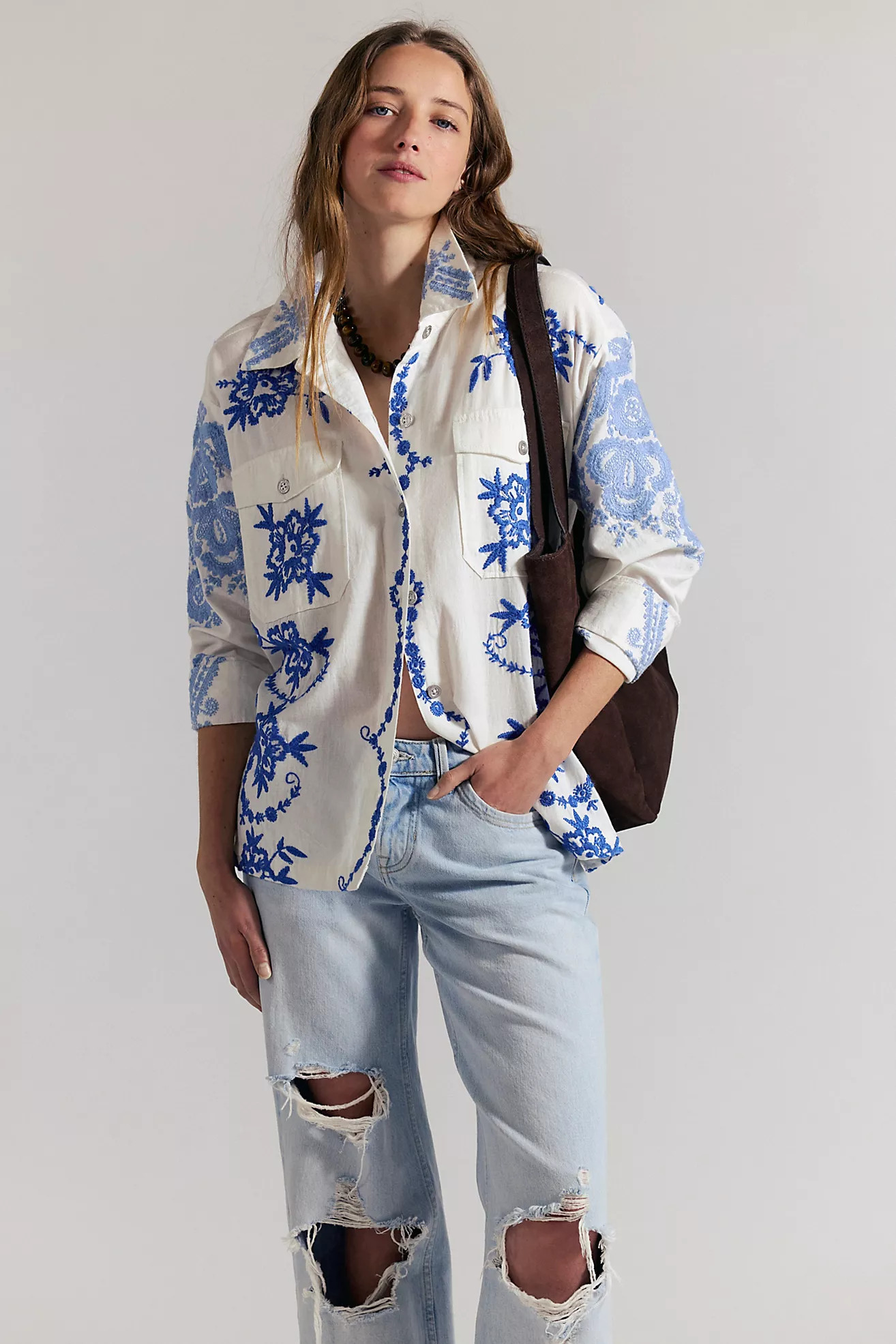 We The Free Blue Toile Embroidered Button Down | Free People (Global - UK&FR Excluded)