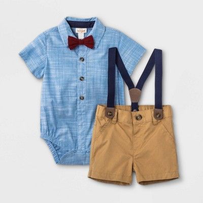 Baby Boys' Little Man Chambray Suspender & Shorts Set with Bowtie - Cat & Jack™ Blue | Target