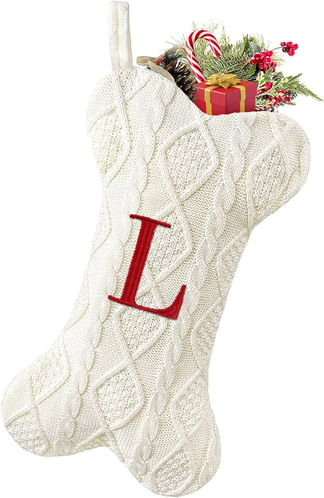 Malier Dog Christmas Stocking with Initials, Letter L Embroidered Knit Christmas Stocking for Dogs, White Large Bone Shape Xmas Pet Stockings Hanging Stocking for Dogs Cats Pets (White, L) | Amazon (US)