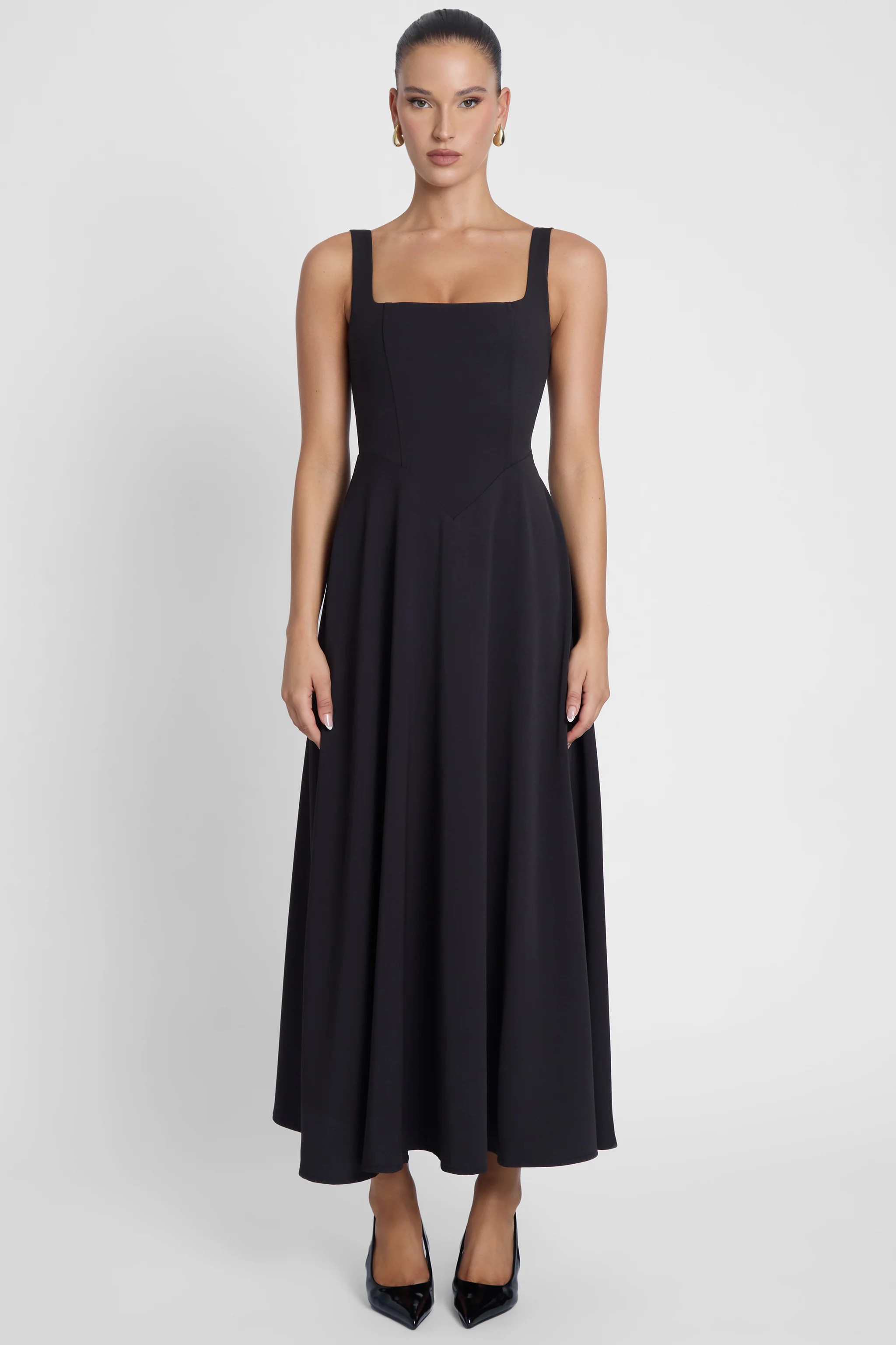 Serenity Square Neck Corset Midi Dress - Black | LEAU (US)