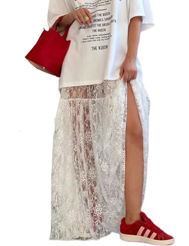 Perbai Women's Sexy Sheer Lace Skirt High Waisted Floral Embroidered Ruffled A Line Long Maxi Beach Skirts(White-S) | Amazon (US)