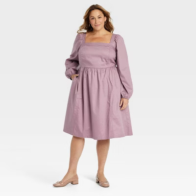 Women's Balloon Long Sleeve Woven Midi A-Line Dress - Ava & Viv™ Mauve 4X | Target