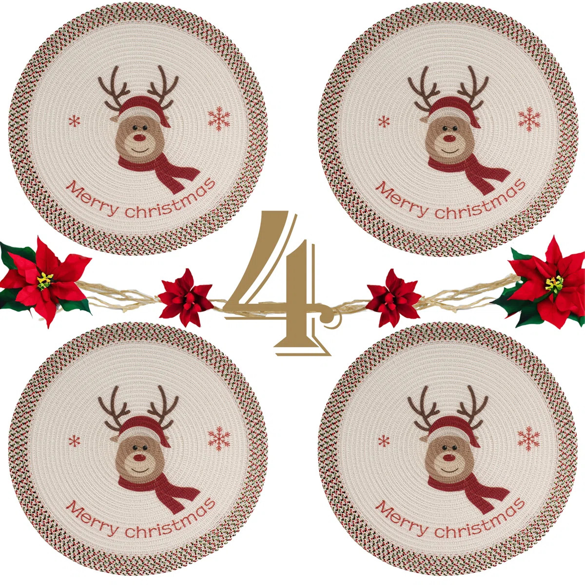Christmas Woven Table Placemats 15 Inches Round Set of 4 No-Slip Dining & Kitchen Table Mat Reind... | Wayfair North America