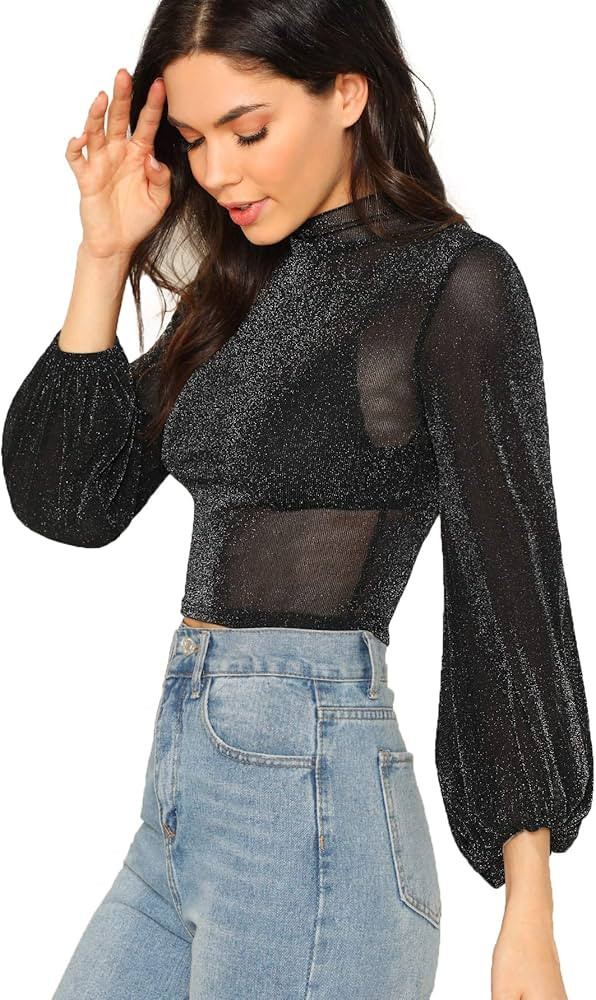 Romwe Women's Bishop Sleeve Glitter Sexy Sheer Mesh Crop Blouse Top | Amazon (US)
