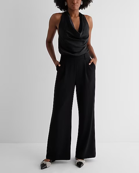 Satin Tie Halter Cowl Neck Wide Leg Jumpsuit | Express