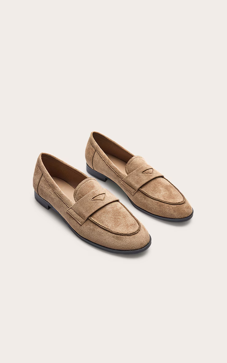 Mushroom Faux Suede Round Toe Loafers | Footwear | PrettyLittleThing UK