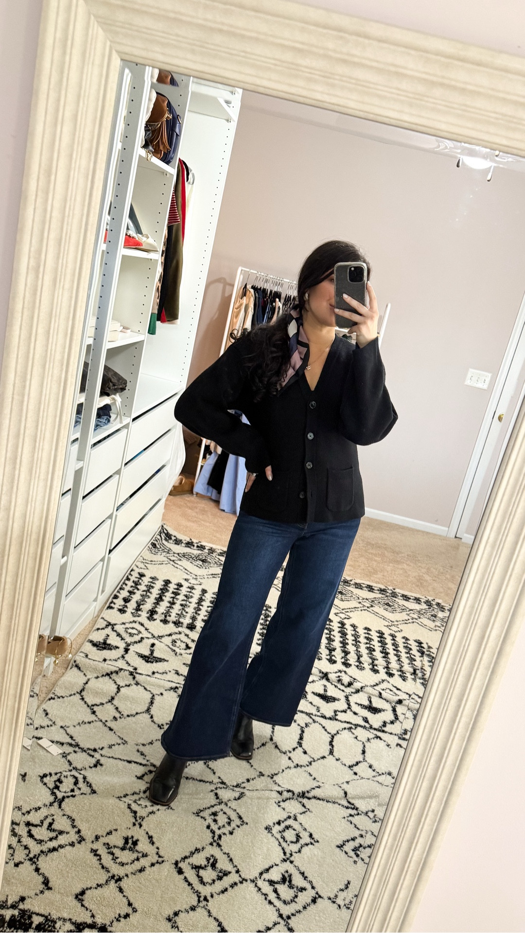 How I styled this wool cotton hybrid modern citizen cardigan - dark wide leg denim + silk scarf to elevate the outfit 

#LTKootd #LTKFindsUnder100 #LTKFindsUnder50