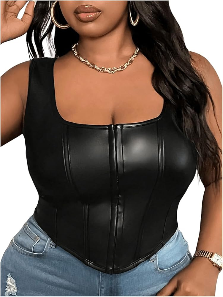 Floerns Women's Plus Size Leather Sleeveless Corset Tops Asymmetrical Hem Tank Top | Amazon (US)