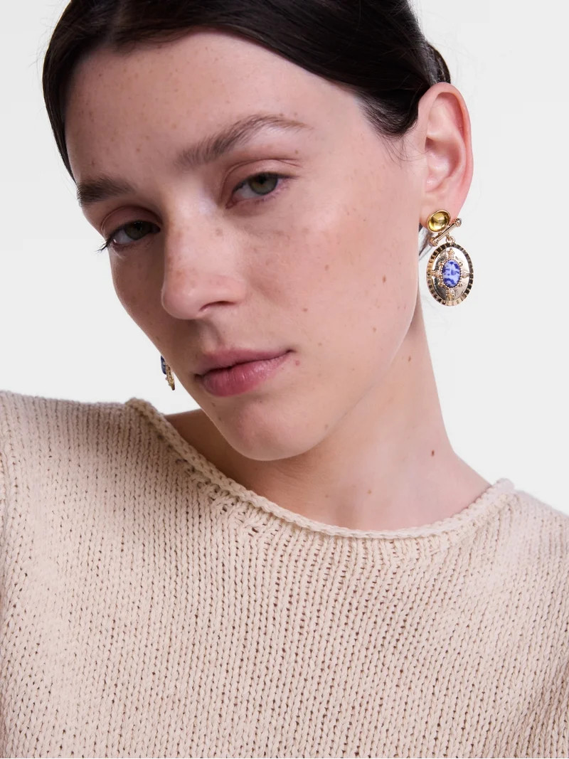 Scenario Women's Gold-Tone Bar Drop Earrings with Oval and Faux Sodalite Stones | Walmart (US)