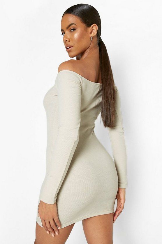Premium Rib Bardot Long Sleeve Mini Dress | Boohoo.com (US & CA)