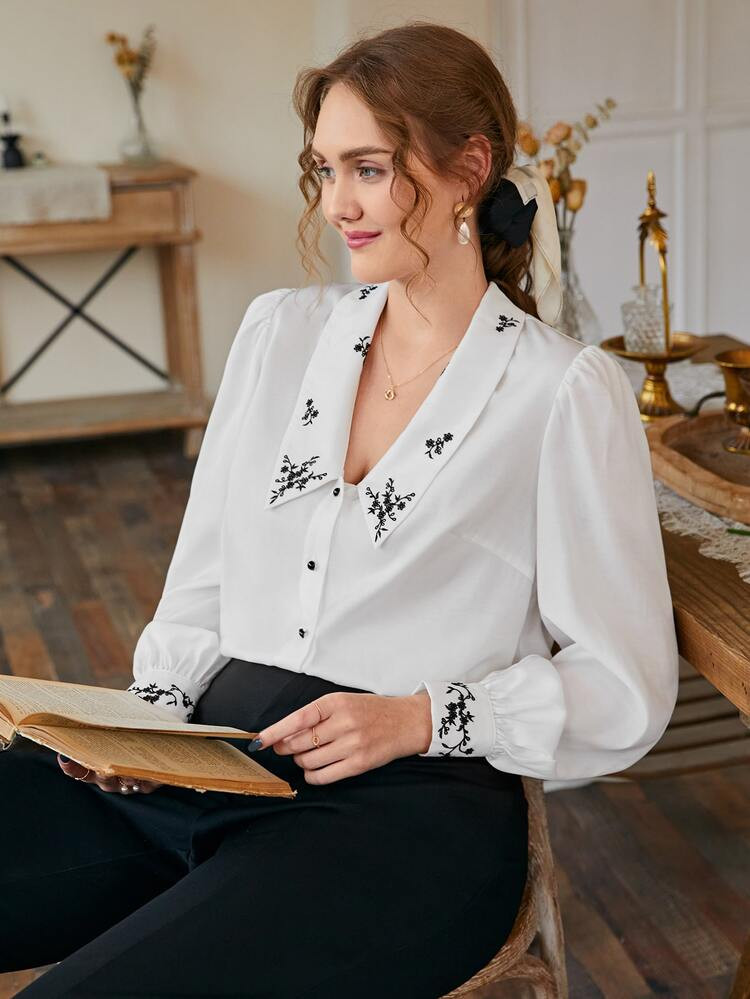 SHEIN Frenchy Plus Floral Embroidery Shirt | SHEIN