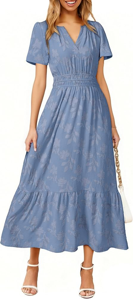 Simplee Womens Summer Boho Maxi Dress Semi Formal Wedding Guest Short Sleeve V Neck Empire Waist ... | Amazon (US)