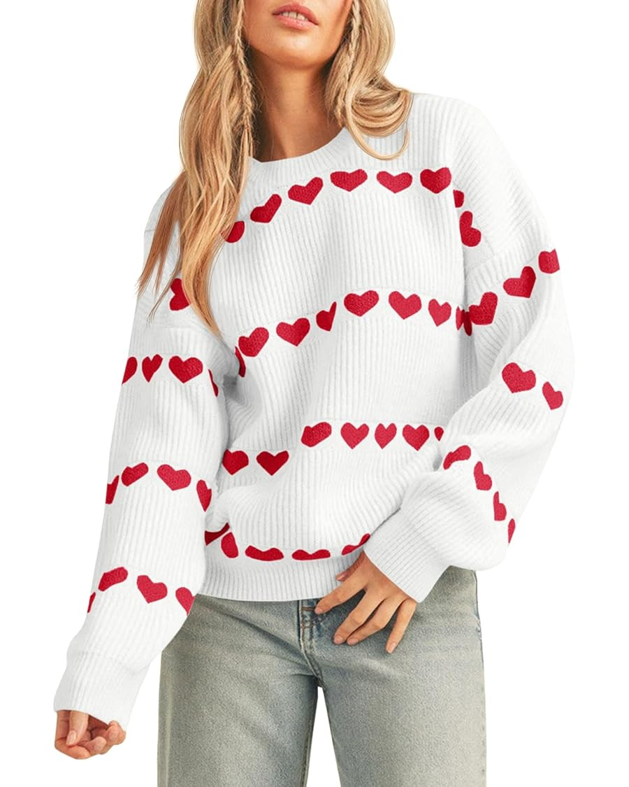 Saodimallsu Womens Heart Sweater Valentine Crew Neck Cute Ribbed Knit Loose Casual Pullover Sweat... | Amazon (US)