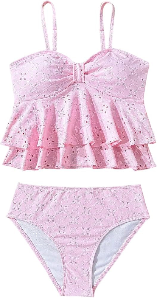SHENHE Girl's 2 Piece Tankini Swimsuit Ruffle Flounce Bathing Suit Eyelet Embroidery Swimwear | Amazon (US)
