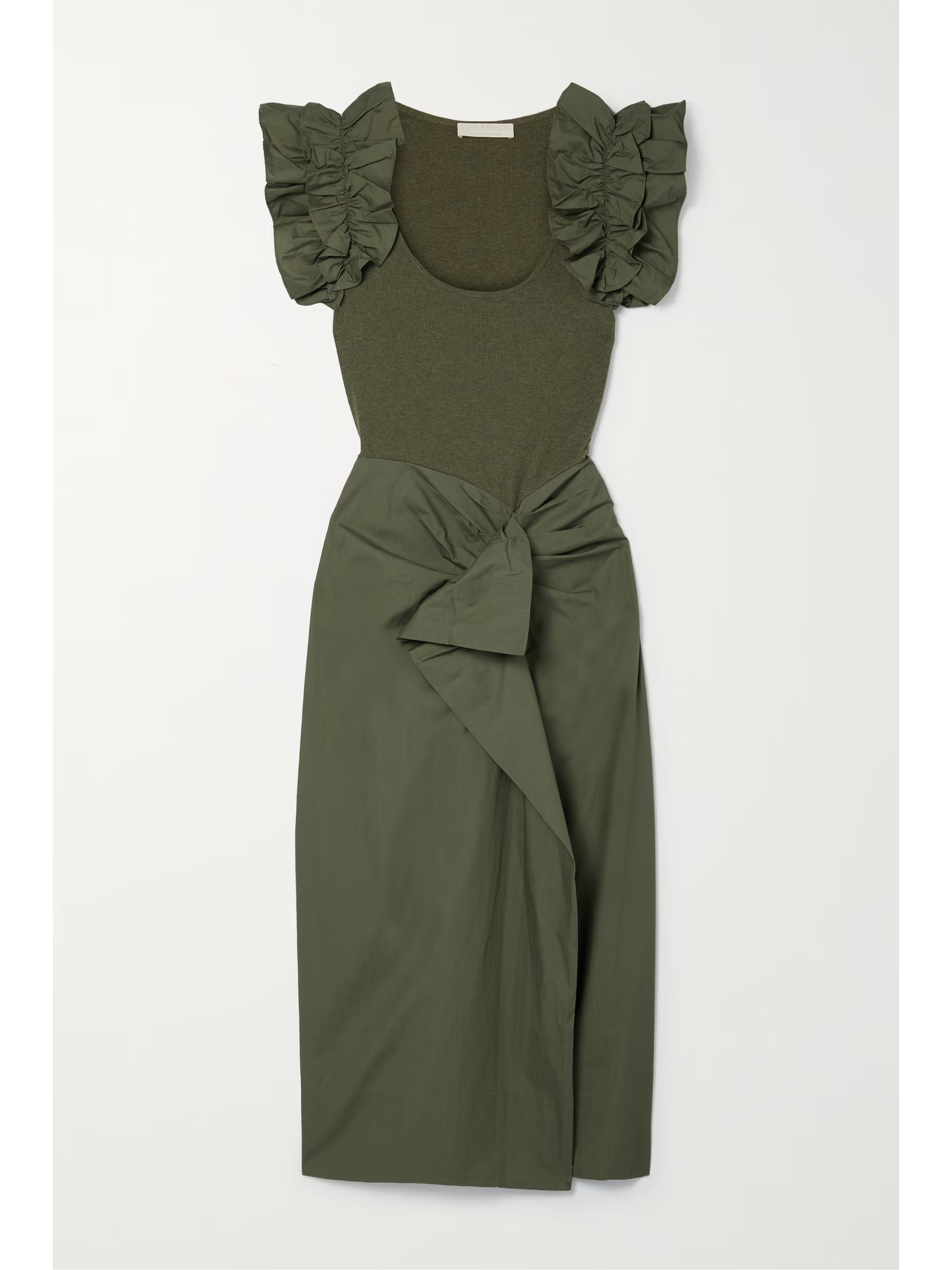 Isabella ruffled ruched ribbed-knit and cotton-poplin midi dress | NET-A-PORTER (US)