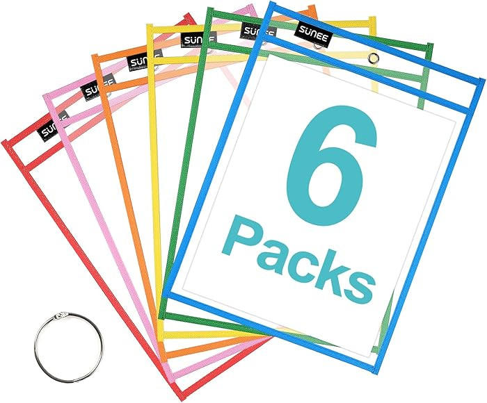 SUNEE 6 Packs Oversized Reusable Dry Erase Pocket Sleeves with Binder Ring, 6 Assorted Colors 10x... | Amazon (US)
