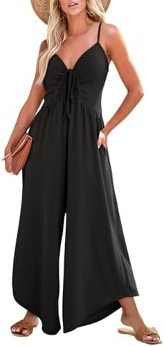 Amazon.com: Dokotoo Womens Jumpsuits Casual Dressy Spaghetti Straps Sleeveless Ruched Drawstring ... | Amazon (US)