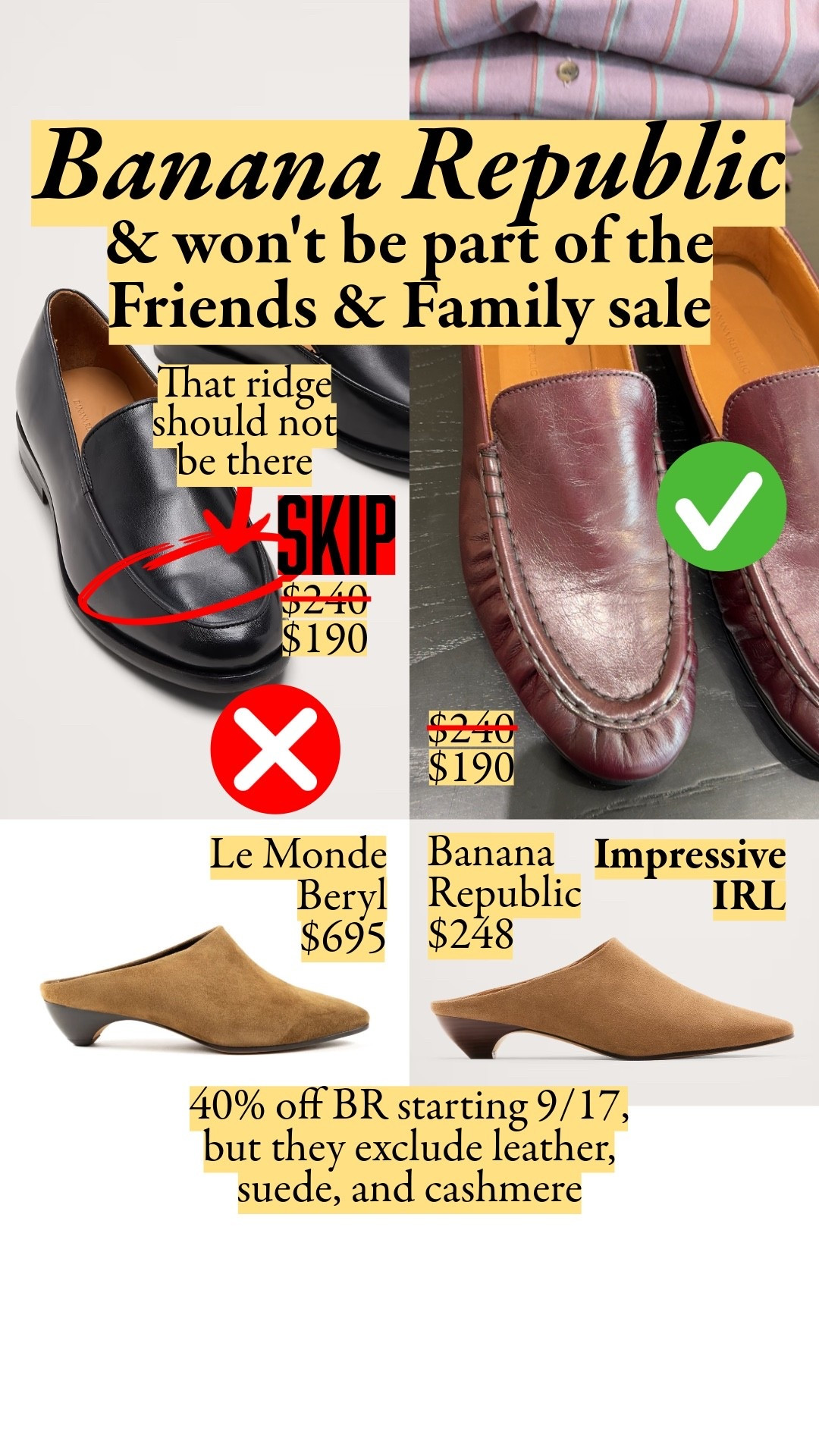 BR exclude leather, suede, and cashmere from their Friends & Family sale. Here's what I'm loving, including softly gathered loafers that looked flawless in person (online photos show bad ruching on one pair but good on the rest). I love their suede skirts – the suede is rich and even, very velvety, and the execution was excellent in person.

#LTKootd #LTKSeasonal #LTKSaleAlert