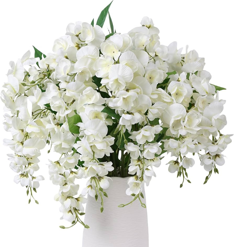 Fake Flowers Indoor Plants, 2Pcs White Hanging Wisteria Decoration, UV & Fading Resistant, Weddin... | Amazon (US)