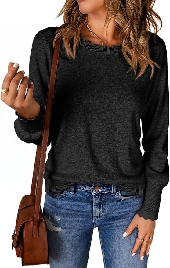 Cicy Bell Womens Crew Neck Long Sleeve Sweater Trendy Casual Scallop Trim Fall Knit Lightweight P... | Amazon (US)