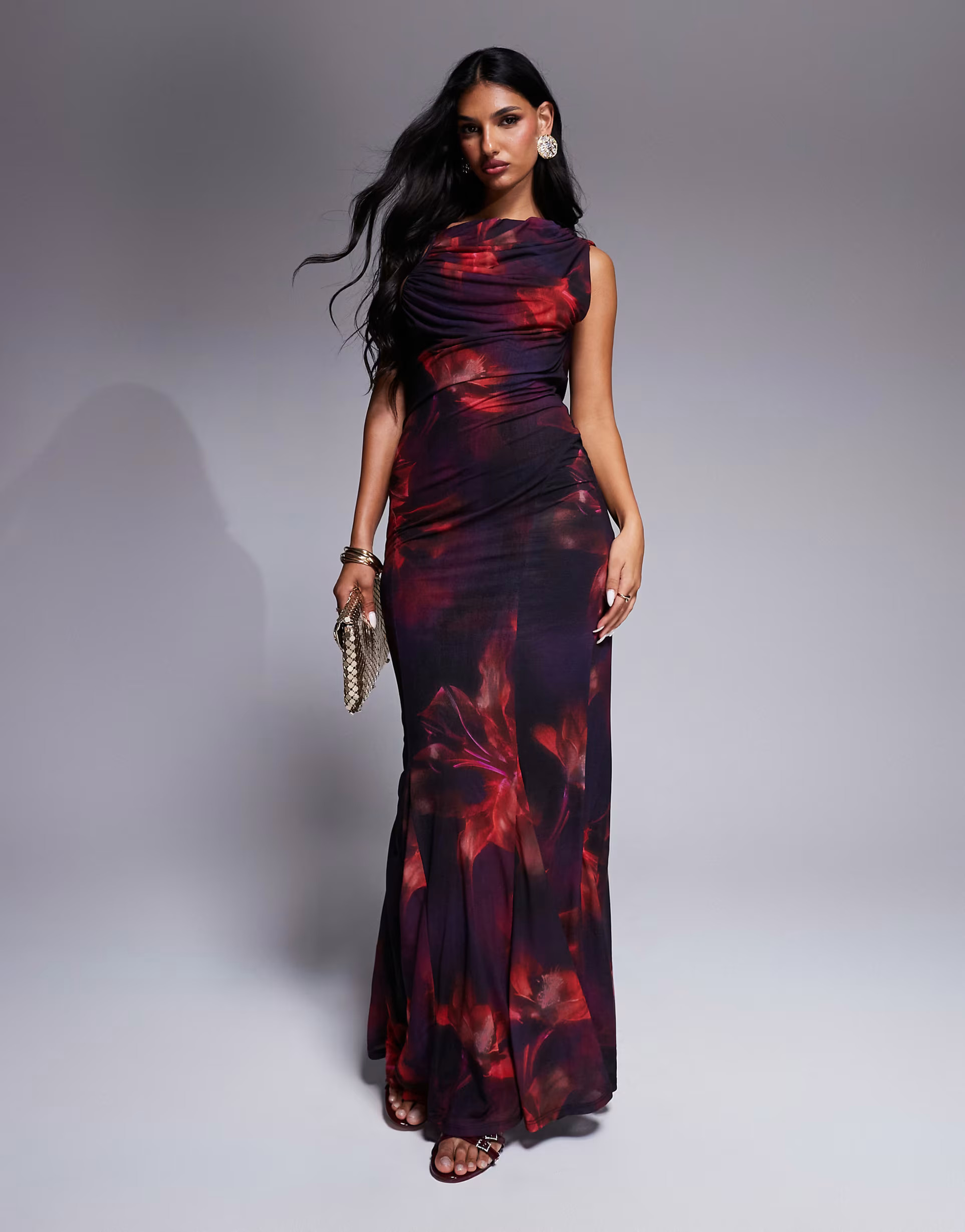 ASOS DESIGN stretch chiffon high neck maxi dress with cowl back in blurred floral print | ASOS | ASOS (Global)