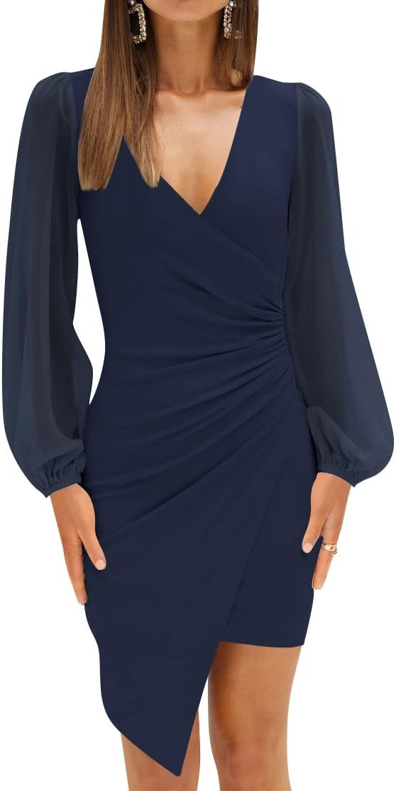 ZESICA Women's Wrap V Neck Bodycon Mini Dress Puff Long Sleeve Ruched Asymmetrical Hem Cocktail P... | Amazon (US)