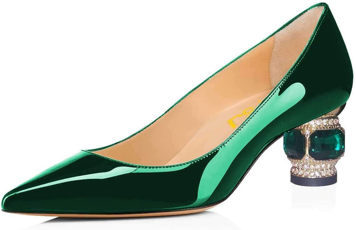 FSJ Women Bridal Pointed Toe Chunky Block Low Heel Crystal Pumps Slip on Wedding Thick Heel Comfo... | Amazon (US)