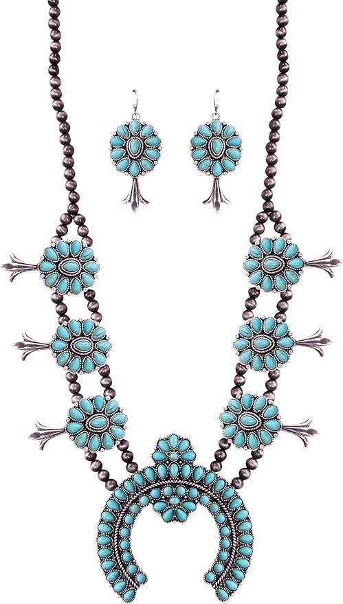Turquoise Vintage Squash Blossom Metal Statement Necklace/w Earrings | Amazon (US)
